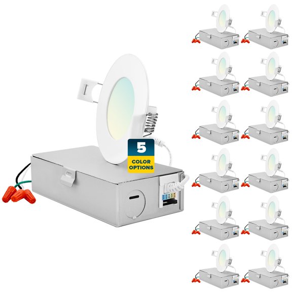 Sunperian 12-Pack 3 inch Ultra-Thin LED Recessed Light J-Box 5 Color Options 8W 540 Lumens Dimmable Wet Rated ETL Listed