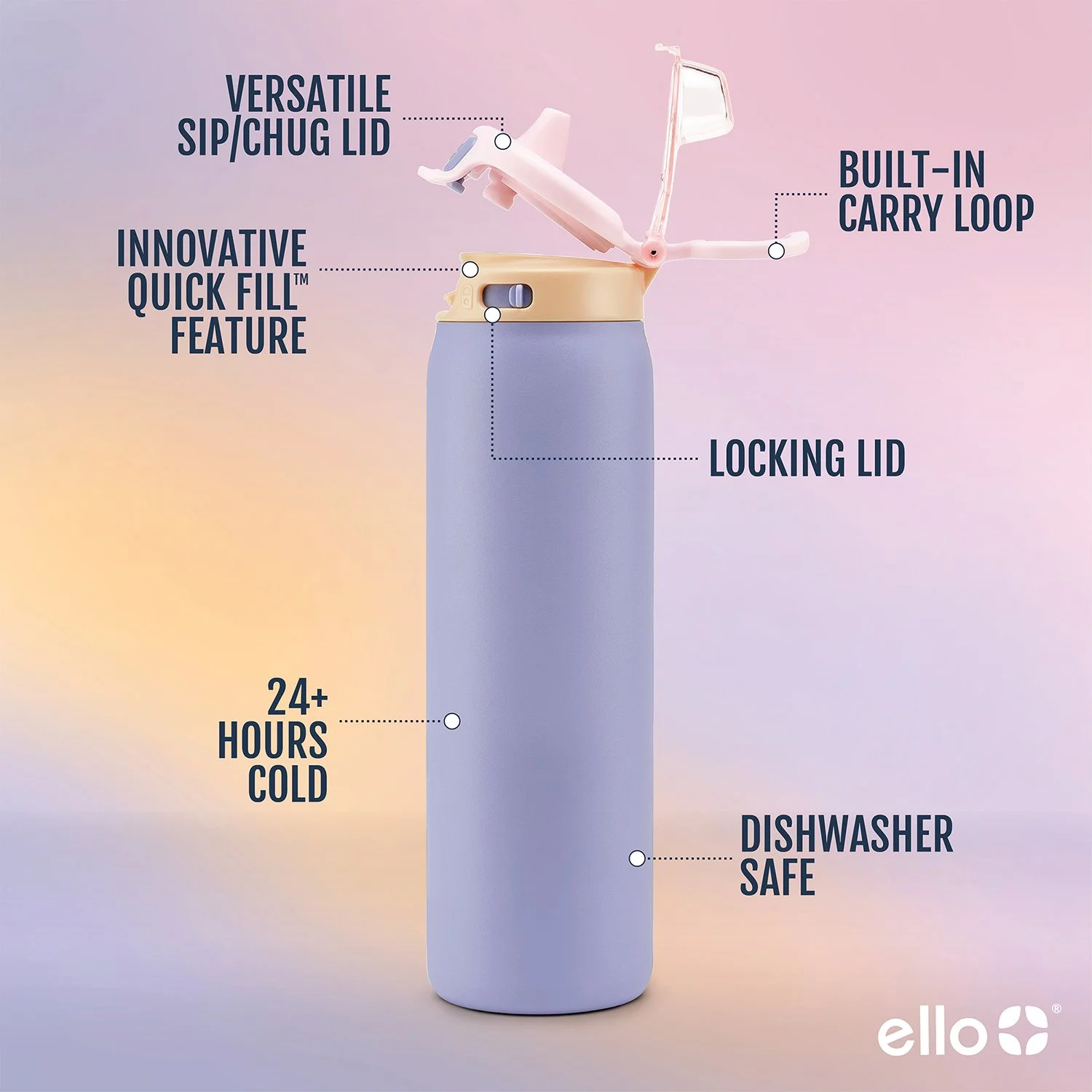 Ello Pop & Fill 22oz. 2-Pack Stainless Steel Water Bottle with Leak Proof Locking Lid - Cornflower/ Blush Breeze