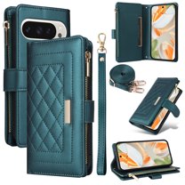 for Google Pixel 9 / 9 Pro Wallet Case with Card Holder/Zipper Wallet Slot/Crossbody Strap Hand Lanyard,[RFID Blocking][Magnetic Closure] PU Leather Shockproof Flip Kickstand Phone Cover,Darkgreen