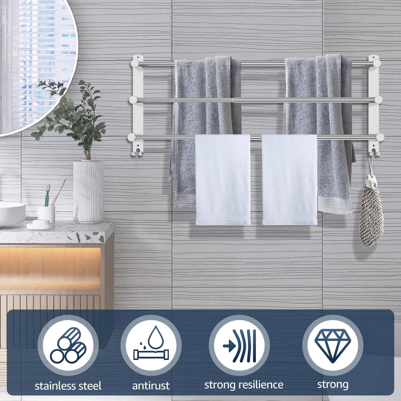 FKSZLL Towel Bars Hanger Stainless Steel Towel Rack, Three Tier Wall Mount Towel Holder, No Punch, Adjustable 17-29 inch with Hooks for Bathrooms and Kitchens