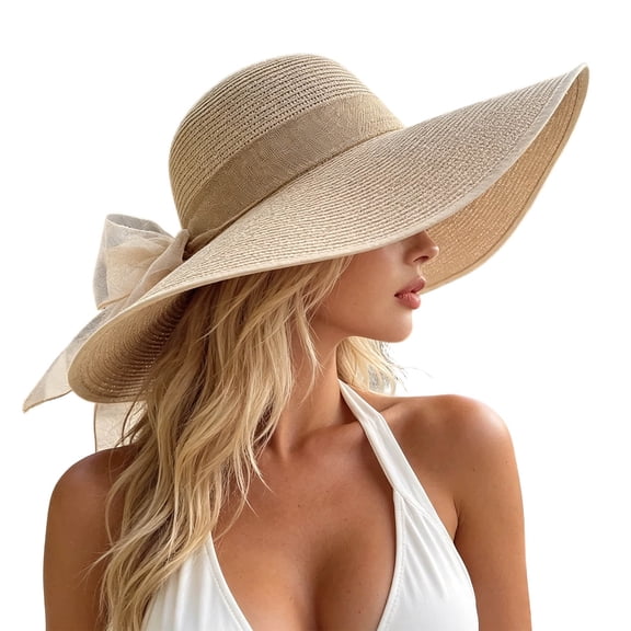 Karymi Trucker Hat Solid Wide Oversized Sloped Brim Woven Straw Sun Hat with Back Organza Sheer Ribbon Big Bow Decor, Breathable Floppy Beach Hat Golf Hat