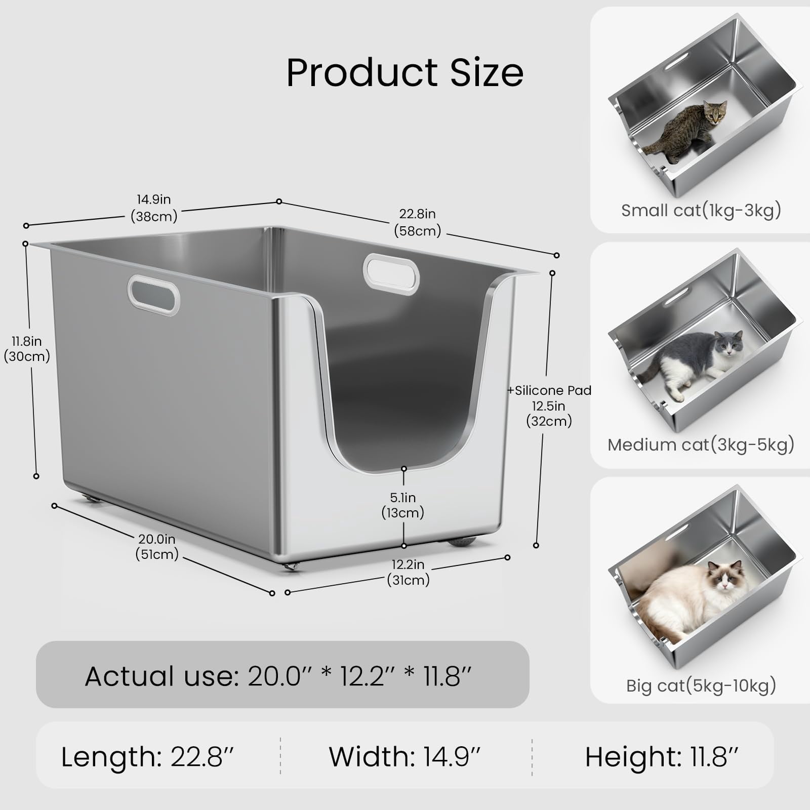 Stainless Steel Litter Box 11.8'' High Sides  Xl Metal Cat With Curved Low Entry Pan For Big & Multiple Cats Pet Toliet Handy Wheels Easy Moving