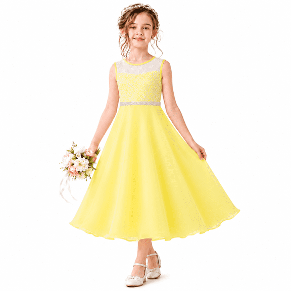 Girls Dress Yellow Chiffon Bridesmaid Dance Ball Maxi Gown 6 Years
