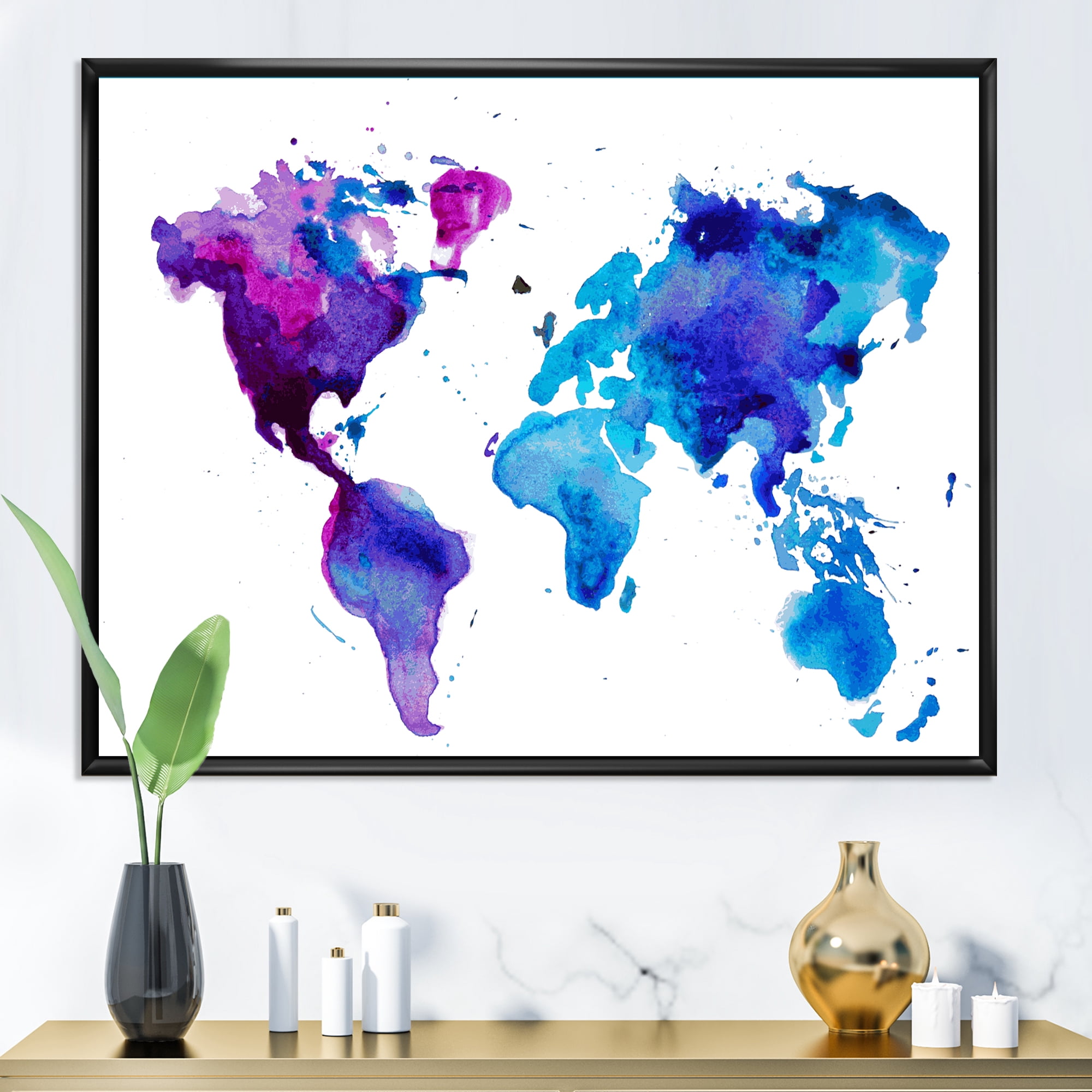 Designart 'Blue and Purple Map Of The World' Modern Framed Canvas Wall Art Print