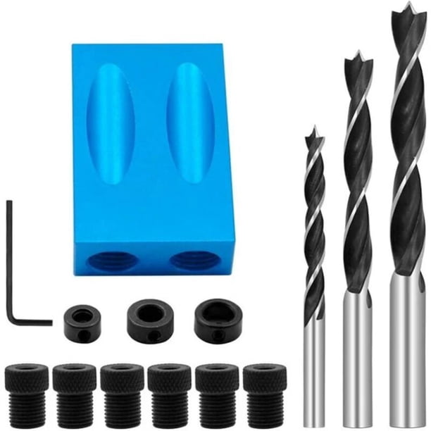 Plantilla de perforación oblicua, plantilla de orificios de bolsillo con brocas de 15", posicionador de carpintero, guía de perforación de esquinas para carpintería con adaptador para orificios de 6/8