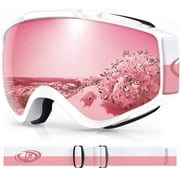 Findway Ski Goggles, 100% UV Protection OTG Snow Goggles for Men, Women & Youth, White Frame Pink Lens