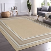 Beverly Rug Indoor Bordered Area Rugs, Non Slip Rubber Backing Modern Living Room Area Rug, Beige, 5x7