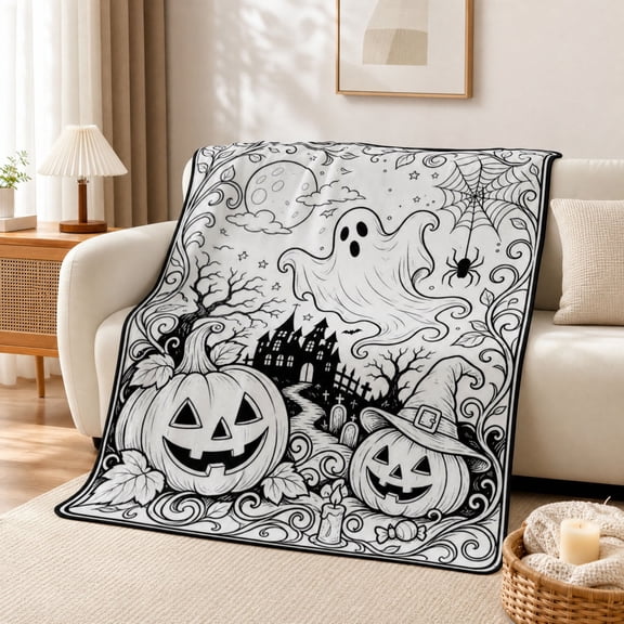 MYUNNIL Halloween Coloring Blanket Kit, 50 x 59.06" Pumpkin Ghost Color Fillable Flannel Blanket with 24 Markers, Soft Washable Whimsical Home Decor for Bedroom & Holiday Gift