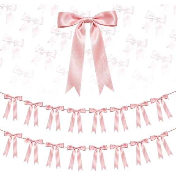 Pakyozj 2 Strings Bow Garland Banner Decorations,16Pcs Pre-Strung Satin Ribbon with 6.7ft Chain for Girl Pink Ribbon Bow Banner Coquette Room Birthday Bridal Shower Wedding Bachelorette Party Decor