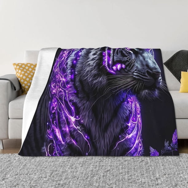 Balery Purple Plant White Tiger Manta de Franela con Dibujo, Lujo Ultra Suave y Cálido, Antipelusa y Resistente a las Arrugas para Cama, Sofá, Camping -80"x60"