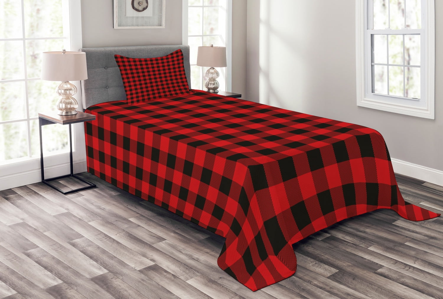 Plaid Bedspread Set Twin Size, Lumberjack Fashion Buffalo Style Checks