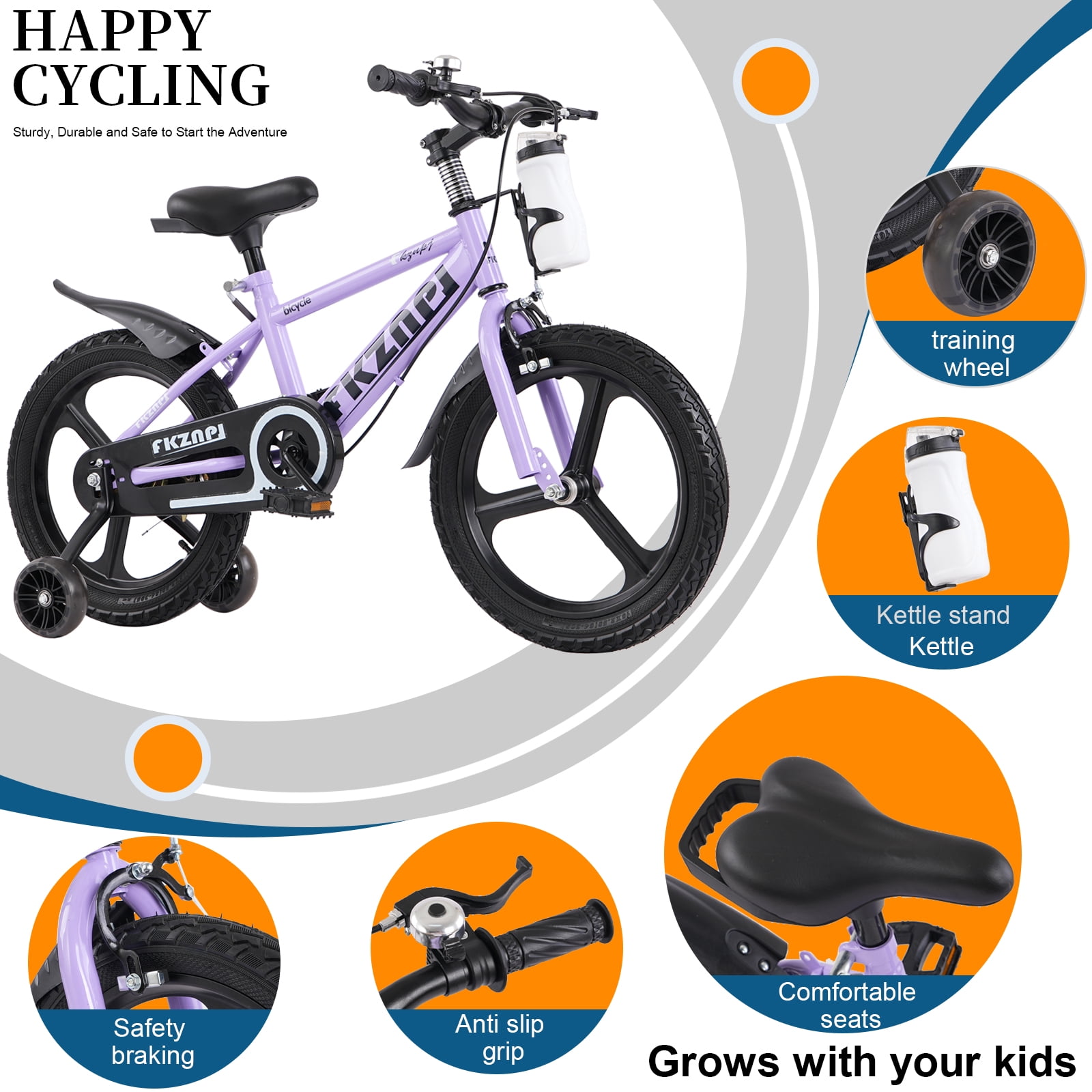 imerelez 18 Inch Kids Bike with Training Wheels,High Carbon Steel Frame & Magnesium Alloy Wheels,Night Glow Training Wheels,Adjustable Seat,Includes Water Bottle,for Ages 5-9,Purple