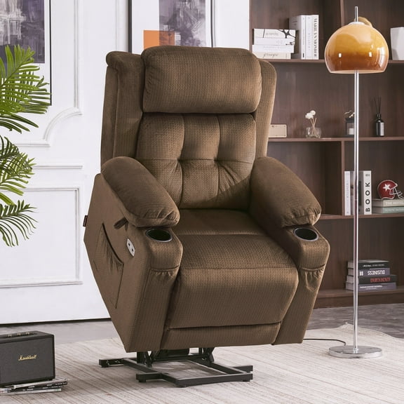 MCombo Small Triple Motor Power Lift Recliner Chair for Petite Elderly, Adjustable Headrest, Infinite Position, Fabric(Brown)