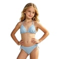 thumbnail image 5 of XINXIAOO Girls Halter Triangle Bikini Two Piece Swimsuit Textured Fabric Side Tie Light Blue Quick Dry Bathing Suit Summer Swimwear for Kids Girls 14-15 Years, 5 of 9