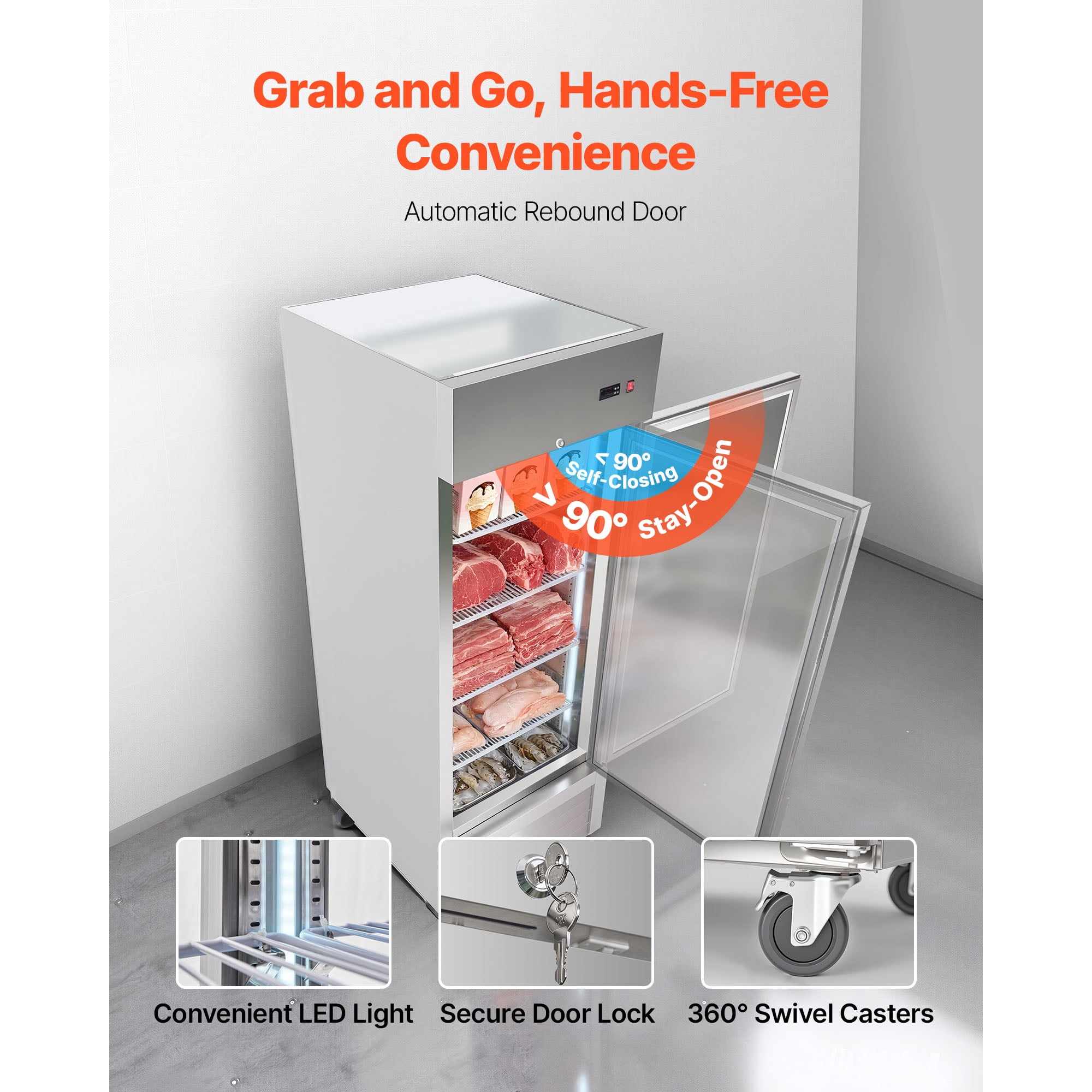KFFKFF Commercial Stainless Steel Upright Freezer, 29" Wide, 22 Cu.Ft Capacity, Single Door with Auto-Defrost, Adjustable Shelves, -11 to 14℉ Temperature Range, LED Lighting, ETL Certified