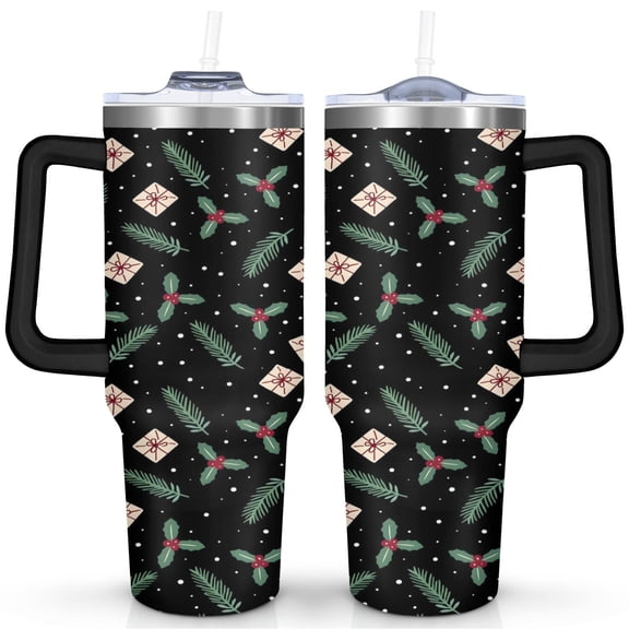 Holly Leaves Envelope 40 Oz Tumbler with Handle Lid and Straw Stainless Steel Double Walled Vacuum Insulated Cup Merry Christmas Gifts Tumbler for Women Men Friends Outdoor Indoor