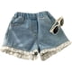 thumbnail image 2 of Pantalones cortos de mezclilla de verano para niñas pequeñas con volantes y ribete de encaje, pantalones cortos de cintura oriental con bolsillos, ropa de calle, 2 of 4