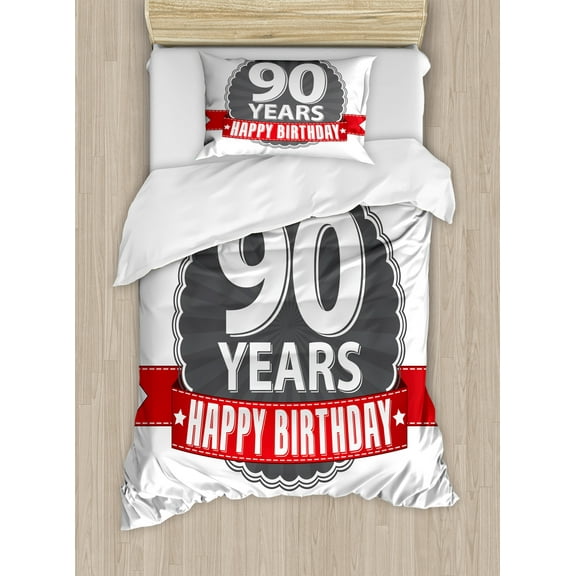 90th Birthday Duvet Cover Set, Retro Style Design with Red Ribbon and Vintage Emblem Stars Classical, Decorative 2 Piece Bedding Set with 1 Pillow Shams, Twin Size, Red Grey White, by Ambesonne