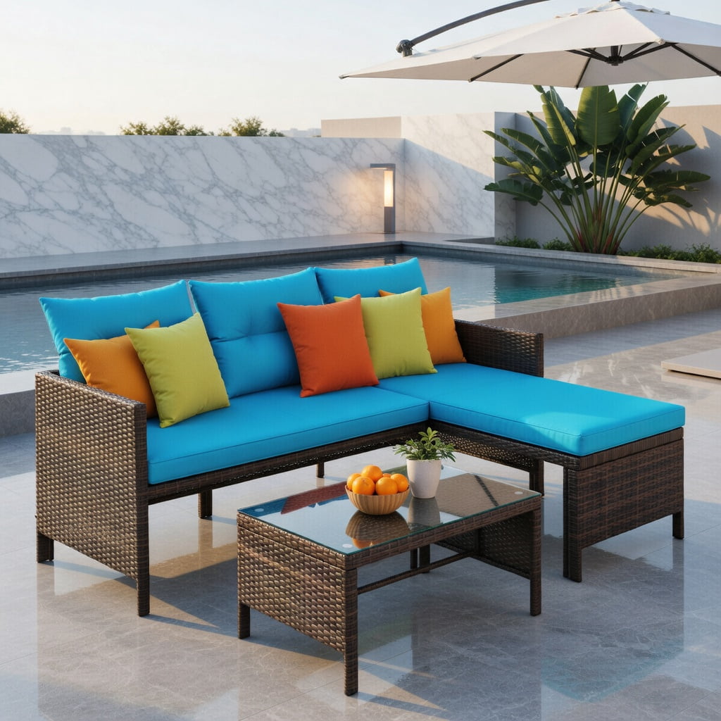 Hommoo Outdoor Wicker Patio Sofa Set, L-Shaped 3-Piece Rattan Sectional with Tempered Glass Coffee Table & Machine-Washable Cushions, Turquoise