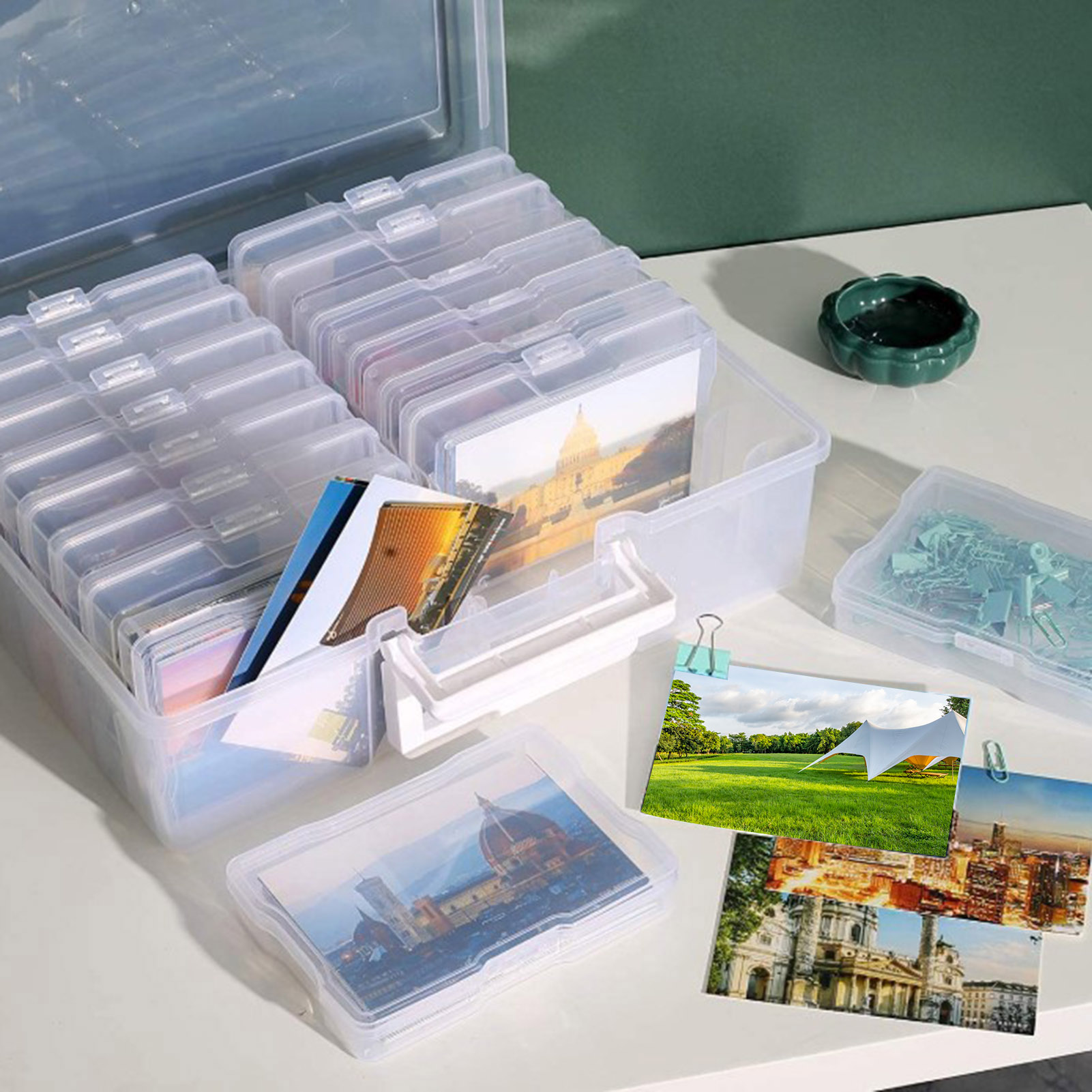 Happydeer 16pcs Acrylic Storage Box and 1 Big Storage Bins, Photo Container for 6.7 x 4.75 inches photos, Accommodates 80-100 pcs/box, Dustproof Transparent Box for Picture, Jewelry, Parts