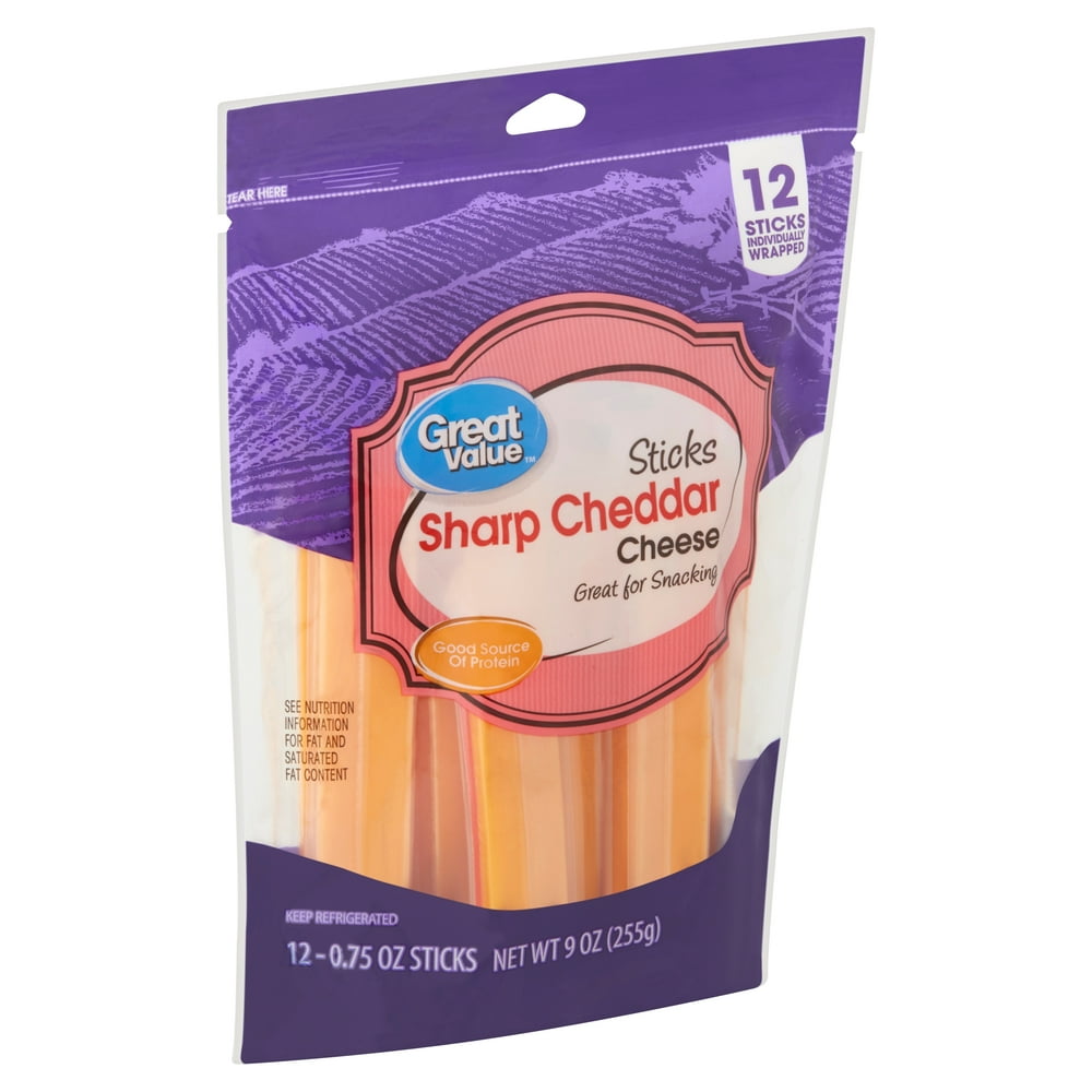 Great Value Sticks Sharp Cheddar Cheese, 0.75 oz, 12 count Walmart