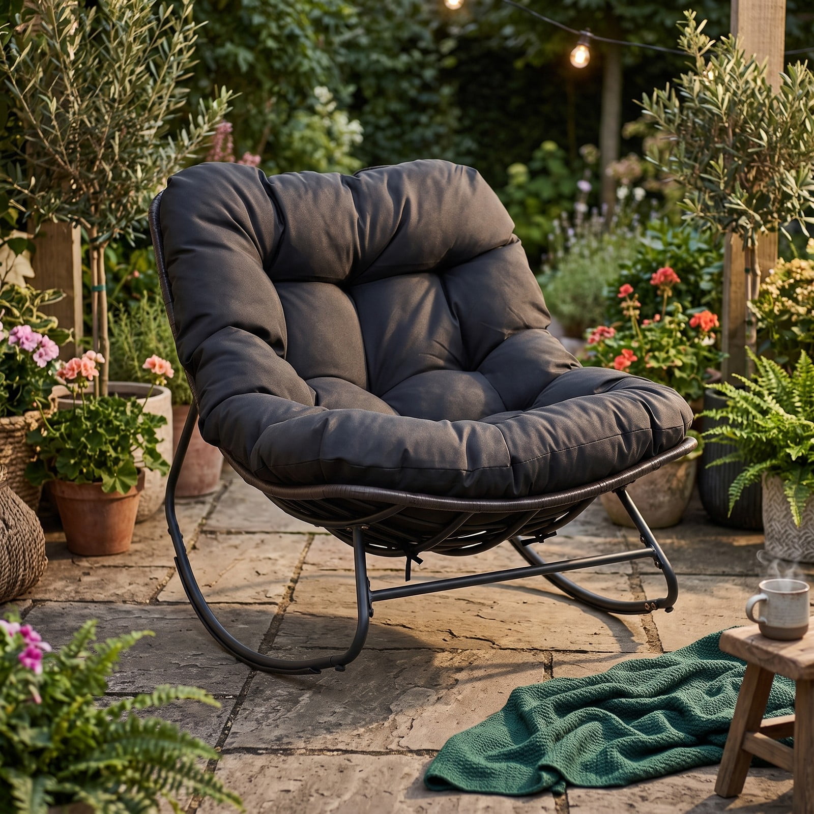 Furnibear Outdoor Papasan Rocking Chair, Egg-Shaped PE Rattan Wicker Glider Rocker with Thick Removable Cushion and Non-Slip Pads for Patio Porch Backyard, 400, Black