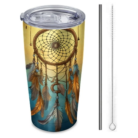 

dream catcher with feathers hanging from edges Insulated Travel Tumbler 20 oz Car Cup with Reusable Straw & Brush Hot & Cold Beverage Cup for Office/Outdoor