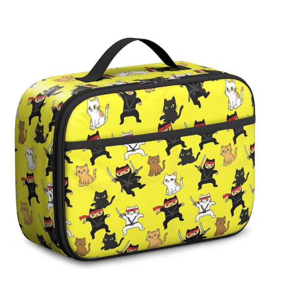 Ninja Cat Yellow Pattern Insulated Lunch Bag Teens,Bento School Lunch Bag for Teens for Work,Picnic or Travel 10.6x7.7x4.3 Inches,12 Can Capacity