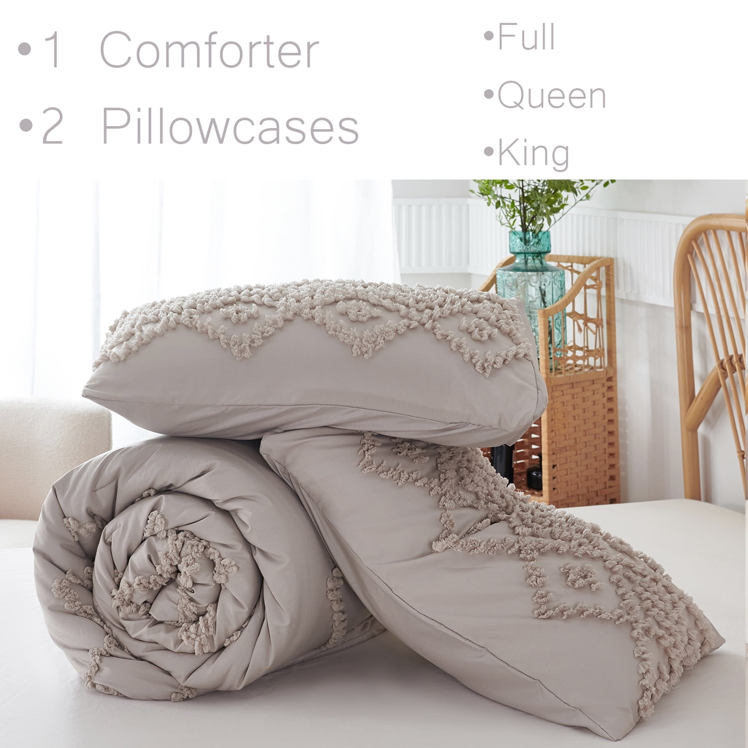 RYNGHIPY 3 Pcs Tufted Comforter Set Queen Size Gray Geometric Boho Style Bed Set Bohemian Shabby Chic Bedding Set for Girls Women Men (Queen, Grey)