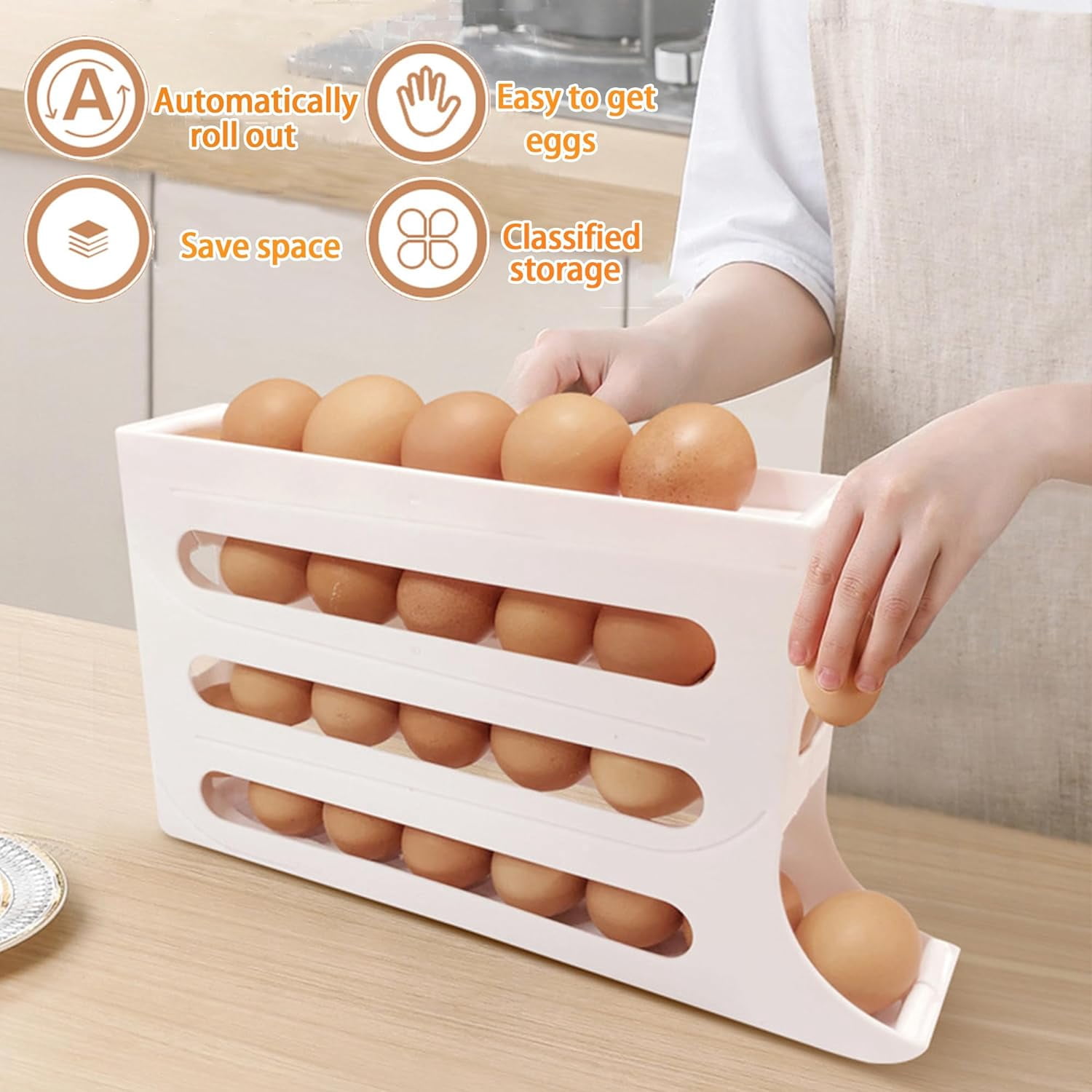 4 Layers Egg Holder for Fridge: Automatic Roll off Egg Organizer for Refrigerator,Eggs 30 Count Egg Container for Refrigerator,Egg Storage for Refrigerator Space-Saving,Height 8",Width 2.7"