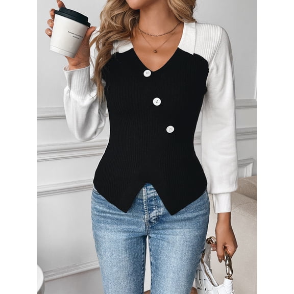 Women's Color Block V-neck Ribbed Knit Top, Long Sleeve Button Front Slim Fit Cropped Sweater for Daily Wear