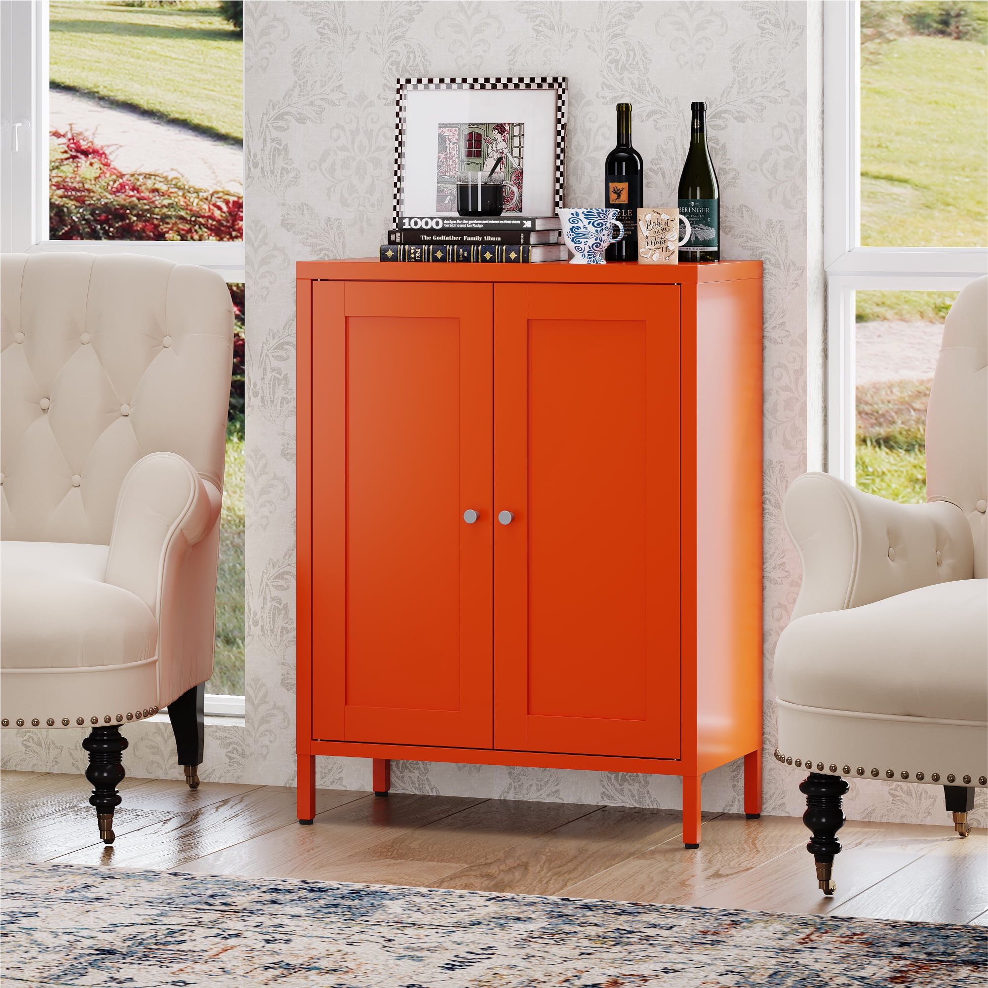 Elegant Bathroom Floor Storage Cabinet,Sideboard Cabinet with Adjustable Shelves,Freestanding Organizer Rust-Proof Locker,Living Room,Hallway,Orange