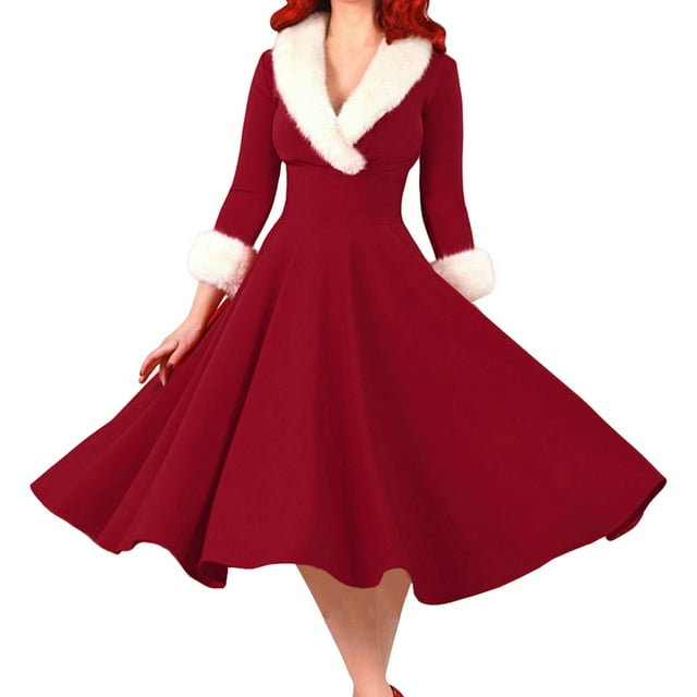 2025 Robe Longue Ample de Noël pour Femmes à Manches, Col en Fourrure, Robe Maxi Décontractée pour Femmes, Décolleté Plongeant, Tempérament