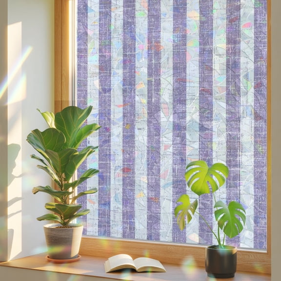 Purple Stripes Window Privacy Film, Modern Abstract Linens Farmhouse Static Cling Stained Glass Window Sticker Decorative Removable Rainbow Film for Glass 19.6”x39.3”