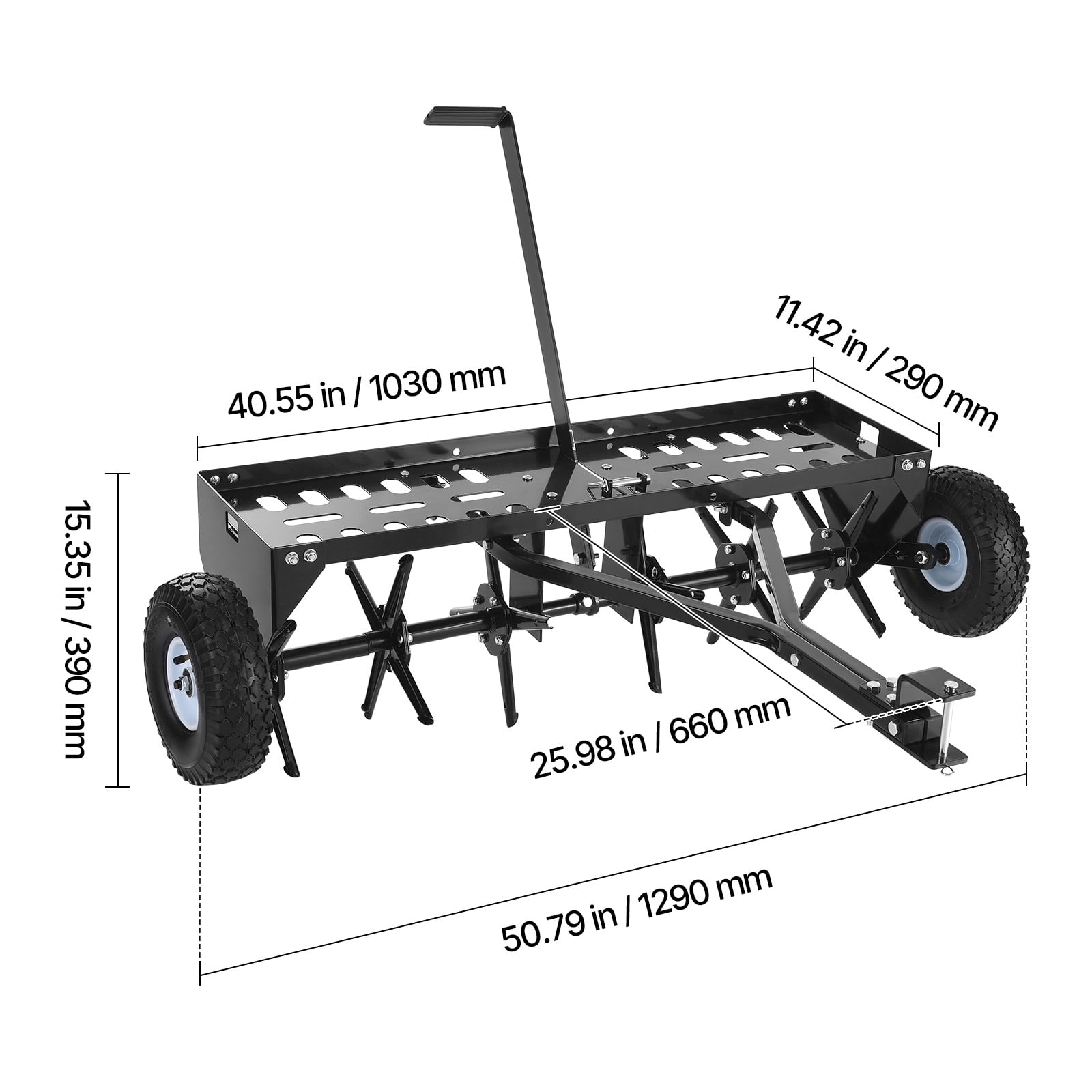 VEVOR Tow Behind Plug Aerator, 40 in Lawn Core Aerator Tool Universal Hitch, 120lbs Weight Capacity, Heavy Duty  & Rust-Resistant, Pull Behind Spike Aerators with Tray for Farmland & Garden Tractors