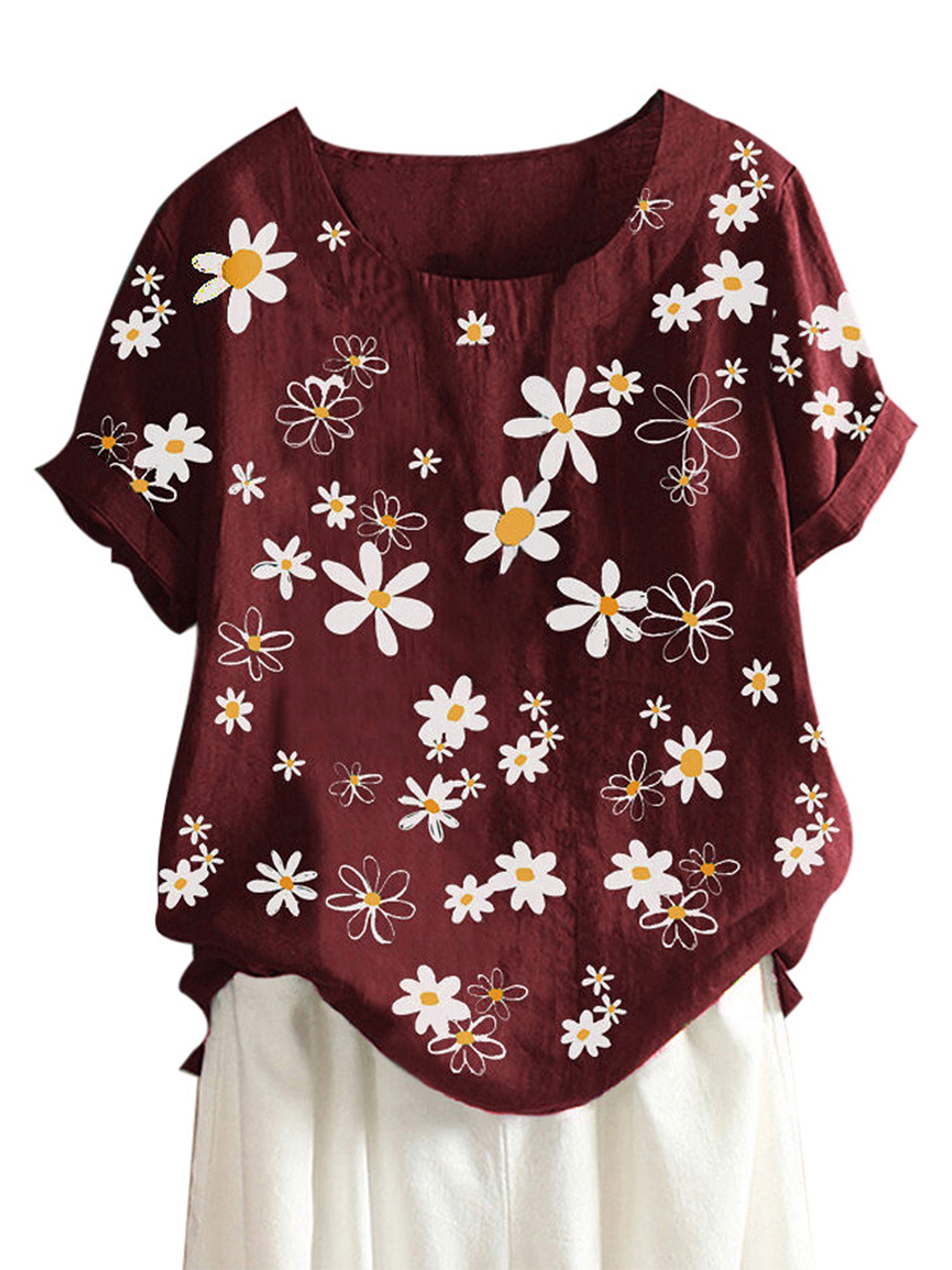 Women Summer Cotton Linen Tshirt Top Trendy Floral Vintage Loose Fit Tunic Tee Short Sleeve Plus Size Button Blouse 
