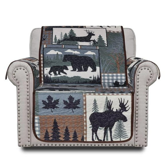 De Leon Collections  Woodland Bear Patchwork Plaid Nature Wild Animal Bear Moose Armchair Recliner Furniture Slipcover