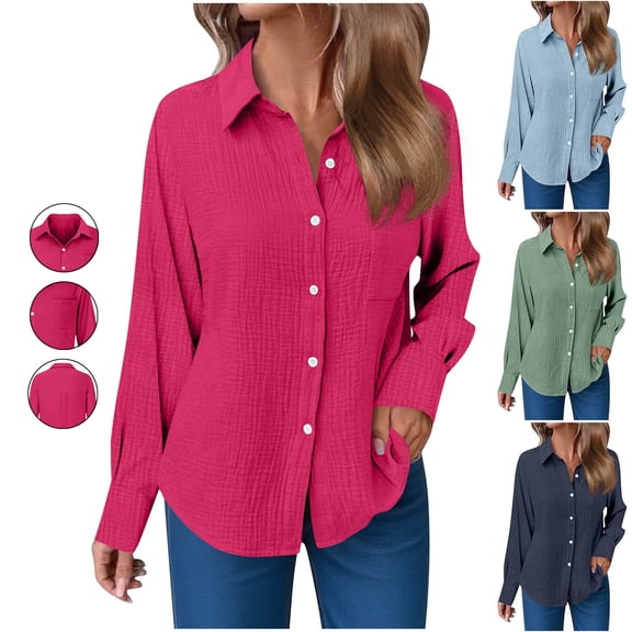 Frostluinai Long Sleeve Button Down Shirts for Women Lapel Collar Textured Dressy Casual Shirt Lightweight Tunic Blouses with Pocket