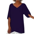 thumbnail image 2 of CHUANK Liquidation pour Femmes Mode Blouse d'Été Irrégulière Unie à Manches Courtes à Col en V Vêtements en Rabais, 2 of 6