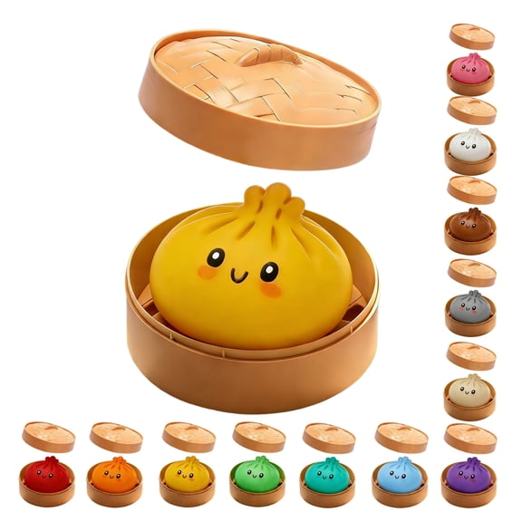 ValHome Dumpling Squishies Glitter Mystery Box - 3.1" Kawaii Jumbo Slow Rising Bao Bun Squishies Fidget Toy with Steamer - Stress Relief Dumpling Sensory Squeeze Ball Food Toy for Kids Adults(Yellow)