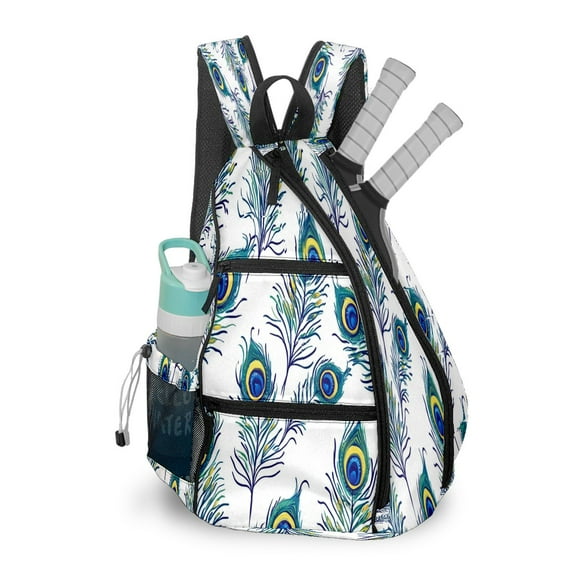 Pickleball Shoulder Bag for Men and Women - Fence Hook - Crossbody Backpack with Water Bottle Holder Peacock Feather Pattern