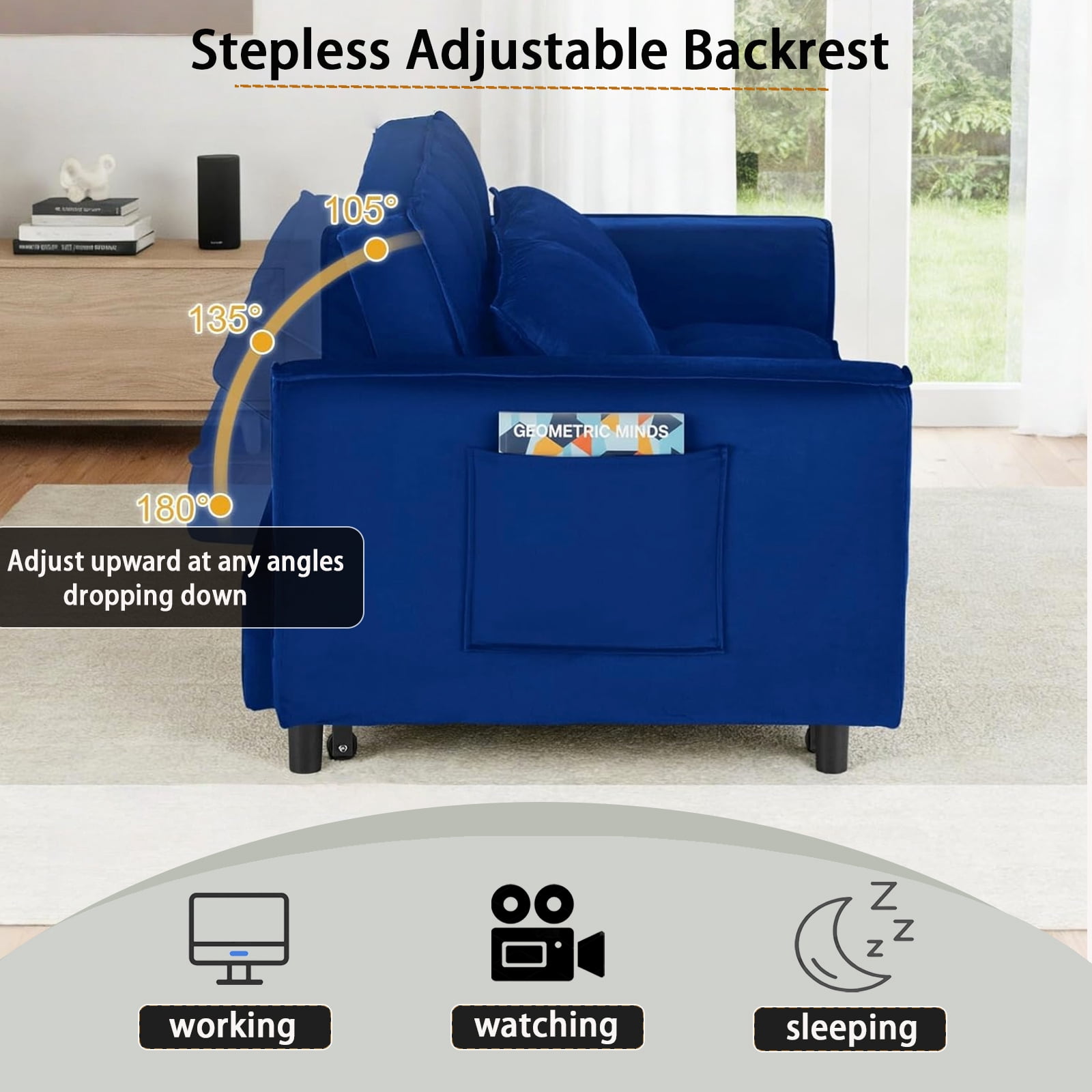 EPOWP 3 in 1 Folding Convertible Sofa Bed,55'' Pull Out Couch Bed with Side Pocket,Velvet Fabric Loveseat Sleeper Sofa with Adjustable Backrest,Easy Assembly,Perfect for Living Room,Blue