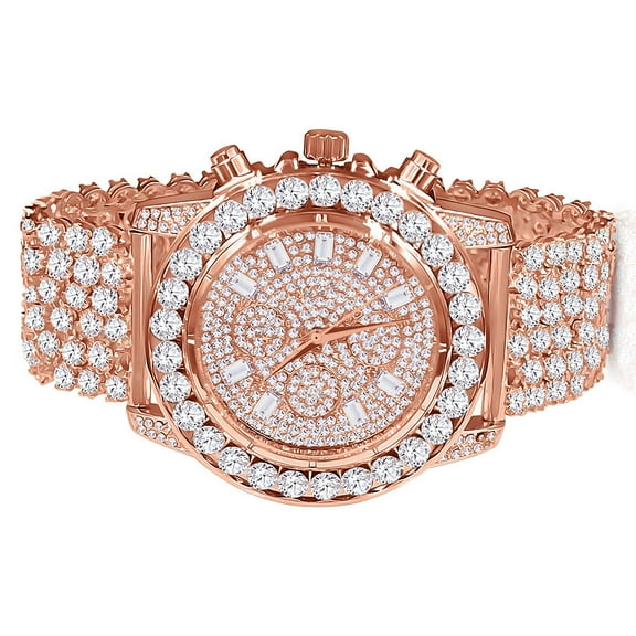 Mens Rose Gold Tone Simulated Diamond Solitaire Bezel Khronos Luxury Fully Ice Out Custom Band Joe Rodeo JoJo Watch