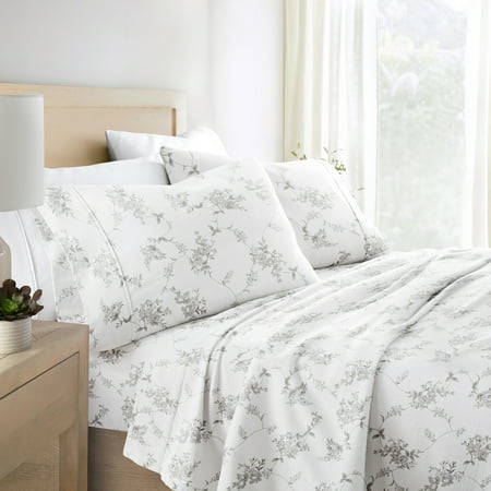 Gray Sylvan Rose 4 Piece 100% Cotton Flannel Deep Pocket Sheet Set, Queen, by Noble Linens
