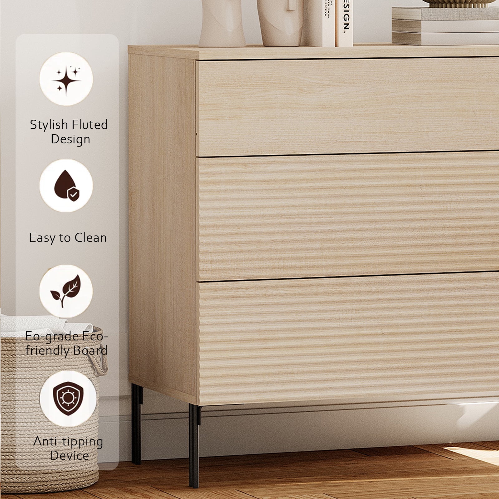 31.5" Wood Accent Chest with Drawers, Modern Credenza Storage Cabinet with Reeded Design for Living Room, Kitchen, Dining Room, Hallway