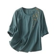 thumbnail image 2 of NSLGXD Women's Cotton Linen T-Shirts Plus Size Button Short Sleeve Shirts Summer Loose Casual Boho Top Vintage Embroidered Blouse Side Split Tops for Women, 2 of 5