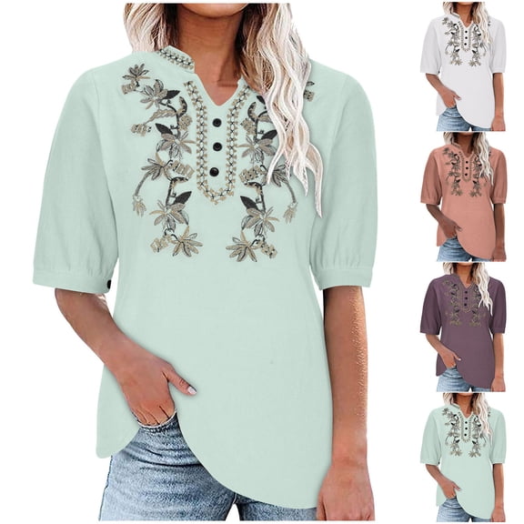 Women's Cotton Linen V Neck Short Sleeve T-Shirt Top Blouse Loose Fit Breathable Solid Color Casual Summer Fashion | CSEONE,Green XL