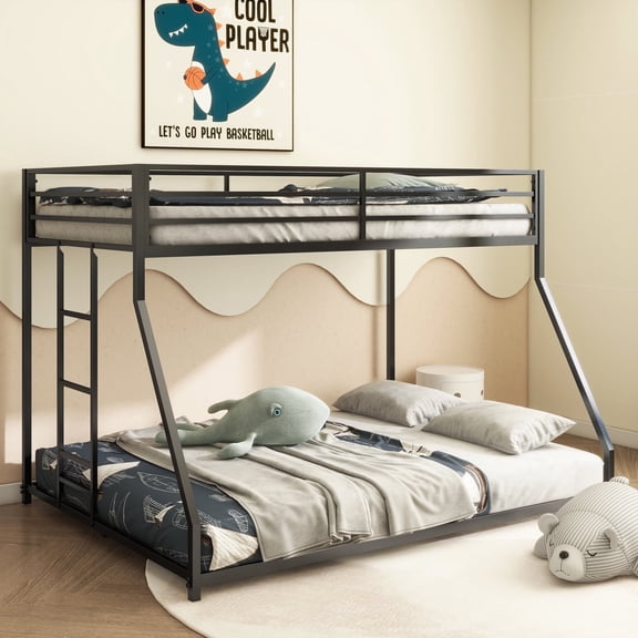 Newest Adam Sturdy Twin over Full Bunk Bed Metal Black for Kids and Adult, Low Profile Twin over Full Bunk Bed with Ladder and Guardrails, Easy Climbing, Beds for Bedroom