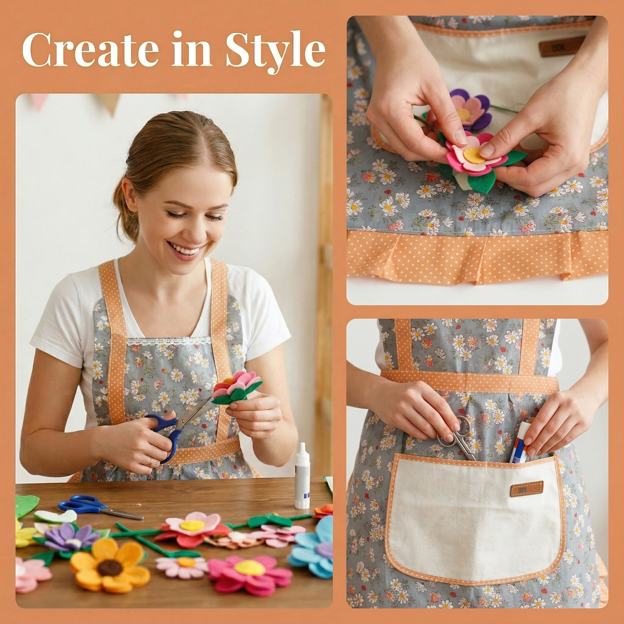 Unique Bargains Durable Floral Kitchen Apron with Pockets and Adjustable Tie Blue