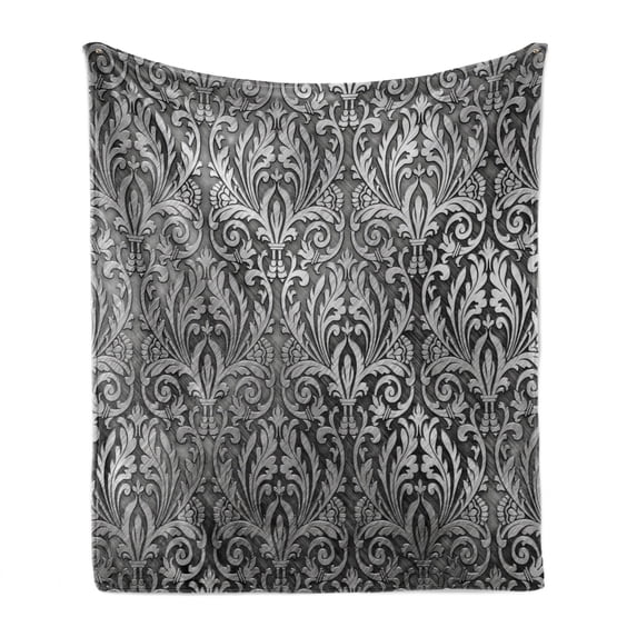 Grey Soft Flannel Fleece Throw Blanket, Graphic with Classic Floral Ornaments Medieval Empire Royal Engraving Style Print, Cozy Plush for Indoor and Outdoor Use, 60" x 80", Grey Black, by Ambesonne